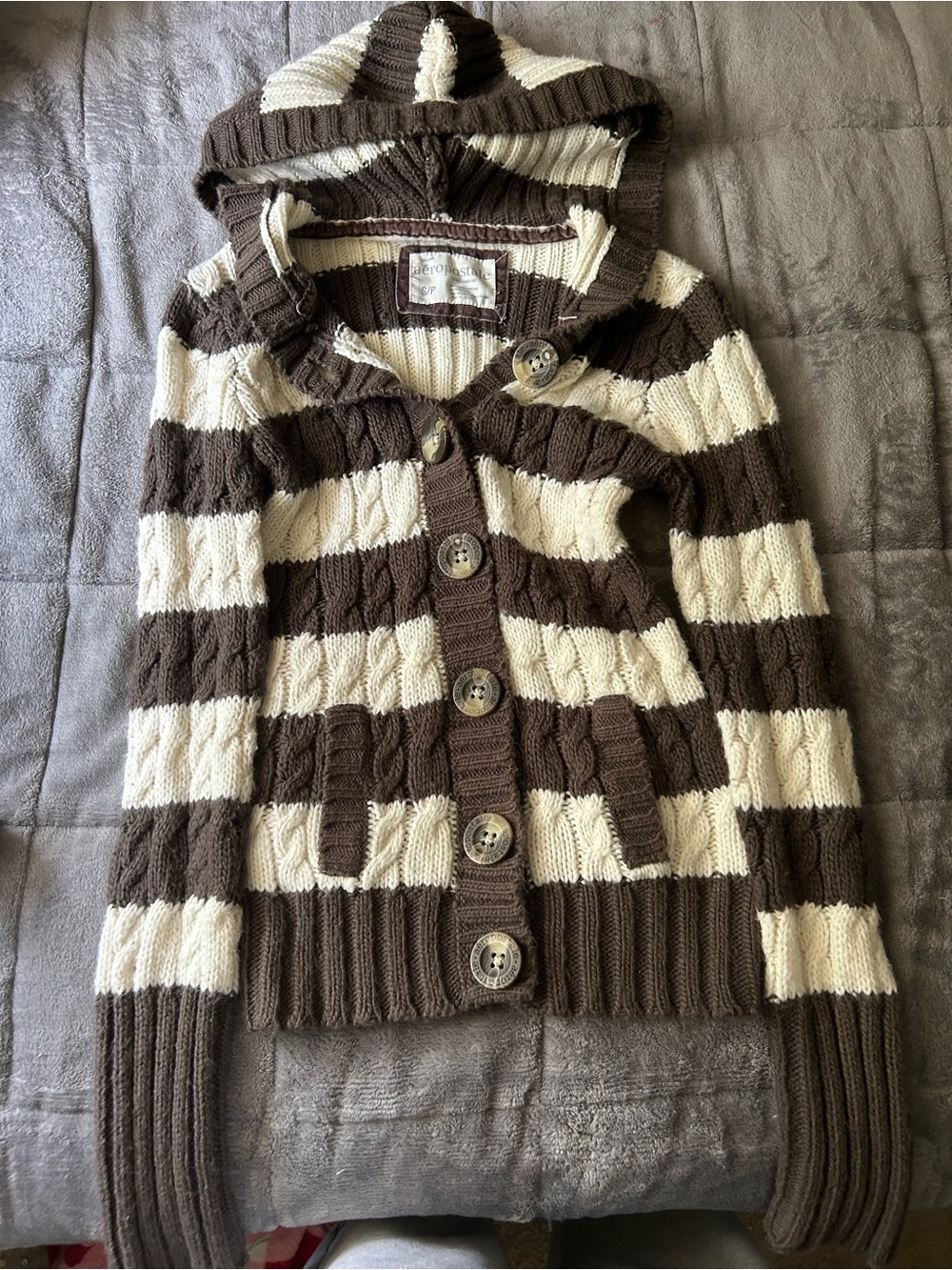 Aeropostale Brown & Cream Striped Hooded Cable-Knit Cardigan